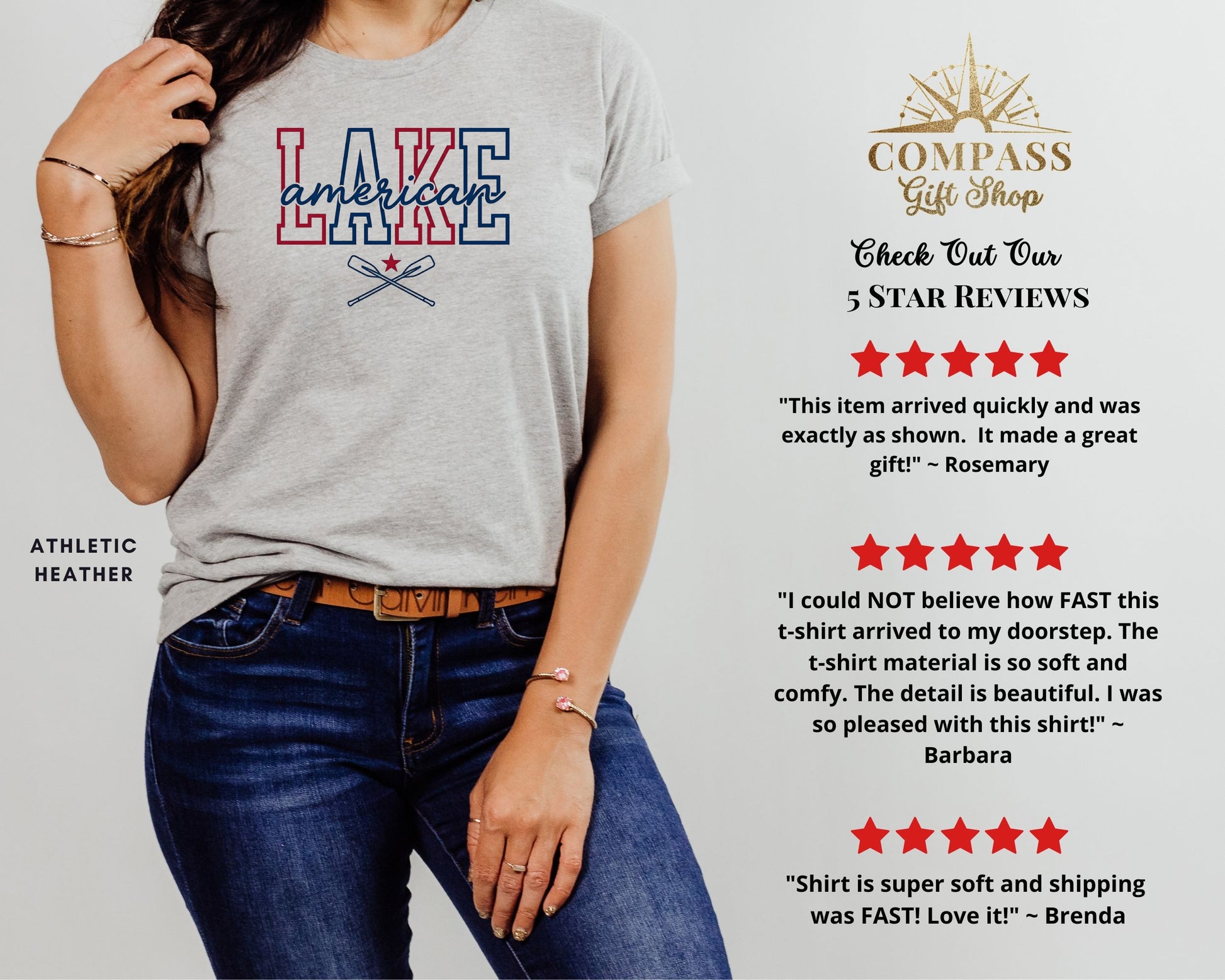 Heather grey t-shirt with "LAKE AMERICAN" text and crossed oars.