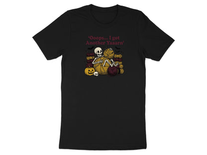 Skeleton knitting with yarn, bats, pumpkin, and skull. Text: "Ooops... I got Another Yaaarn".