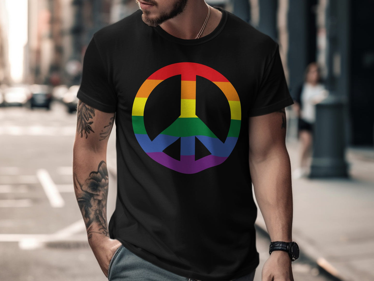Black t-shirt with a rainbow peace symbol.