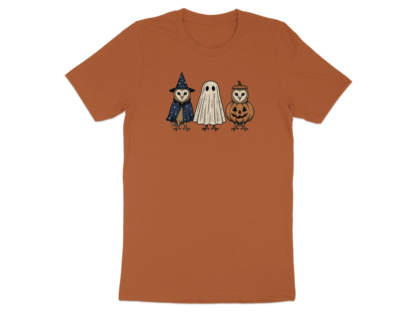 Three cartoon owls in Halloween costumes: witch, ghost, and jack-o-lantern.