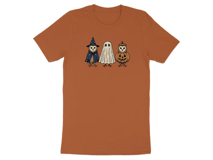 Three cartoon owls in Halloween costumes: witch, ghost, and jack-o-lantern.