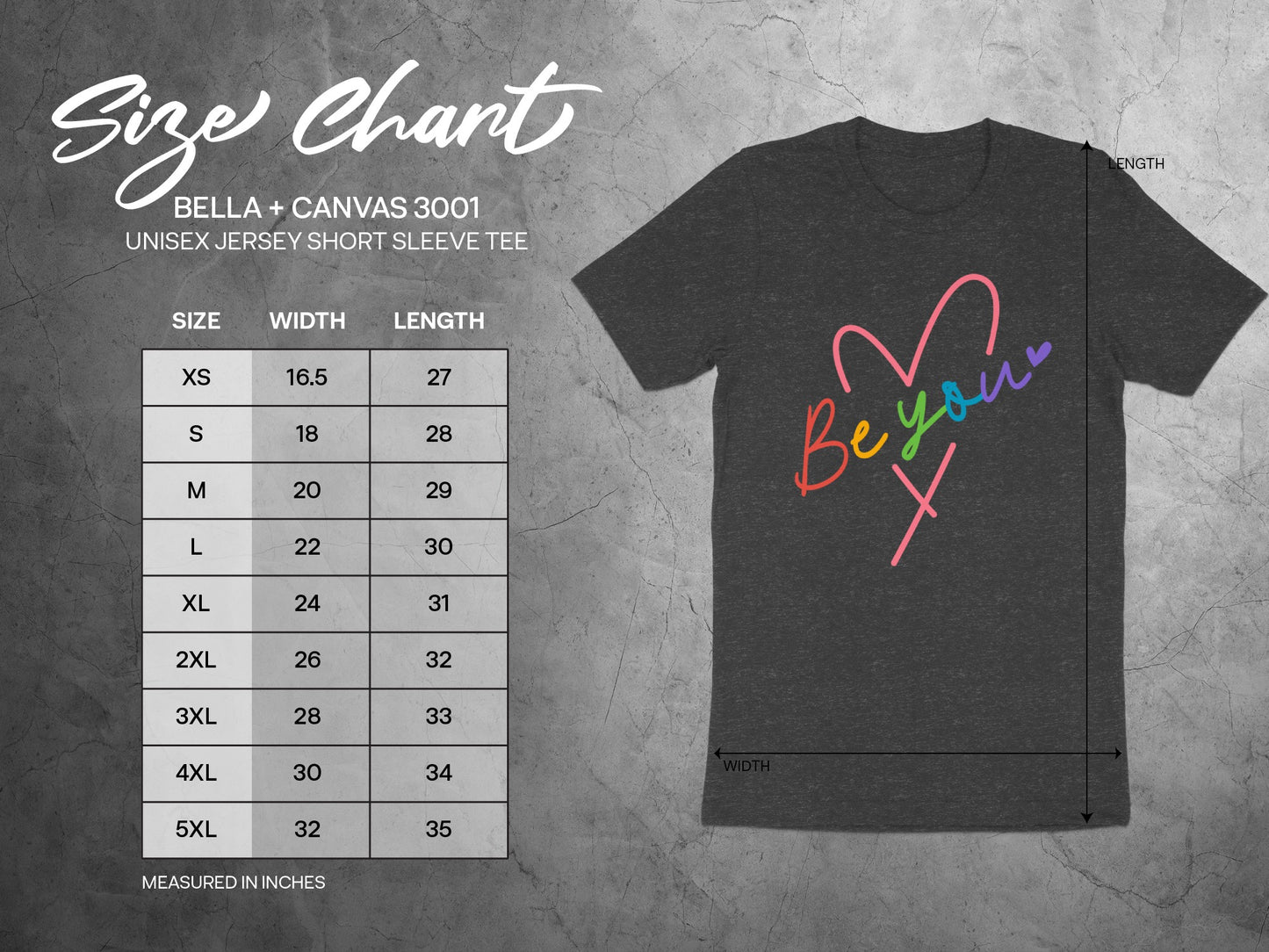 Bella + Canvas 3001 unisex t-shirt size chart with width and length measurements.