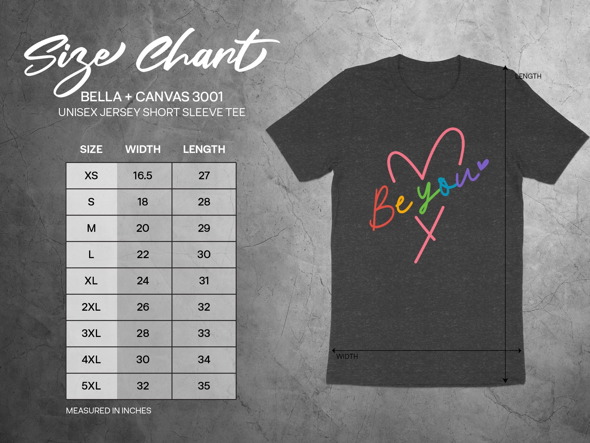 Bella + Canvas 3001 unisex t-shirt size chart with width and length measurements.