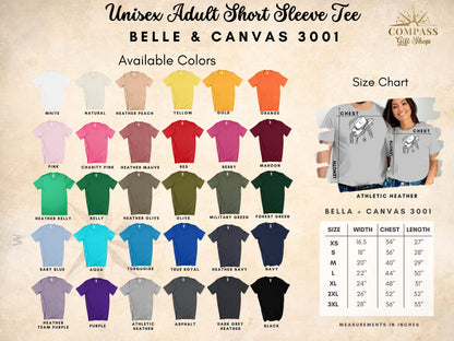 Unisex Bella + Canvas 3001 short sleeve tee color swatches and size chart.