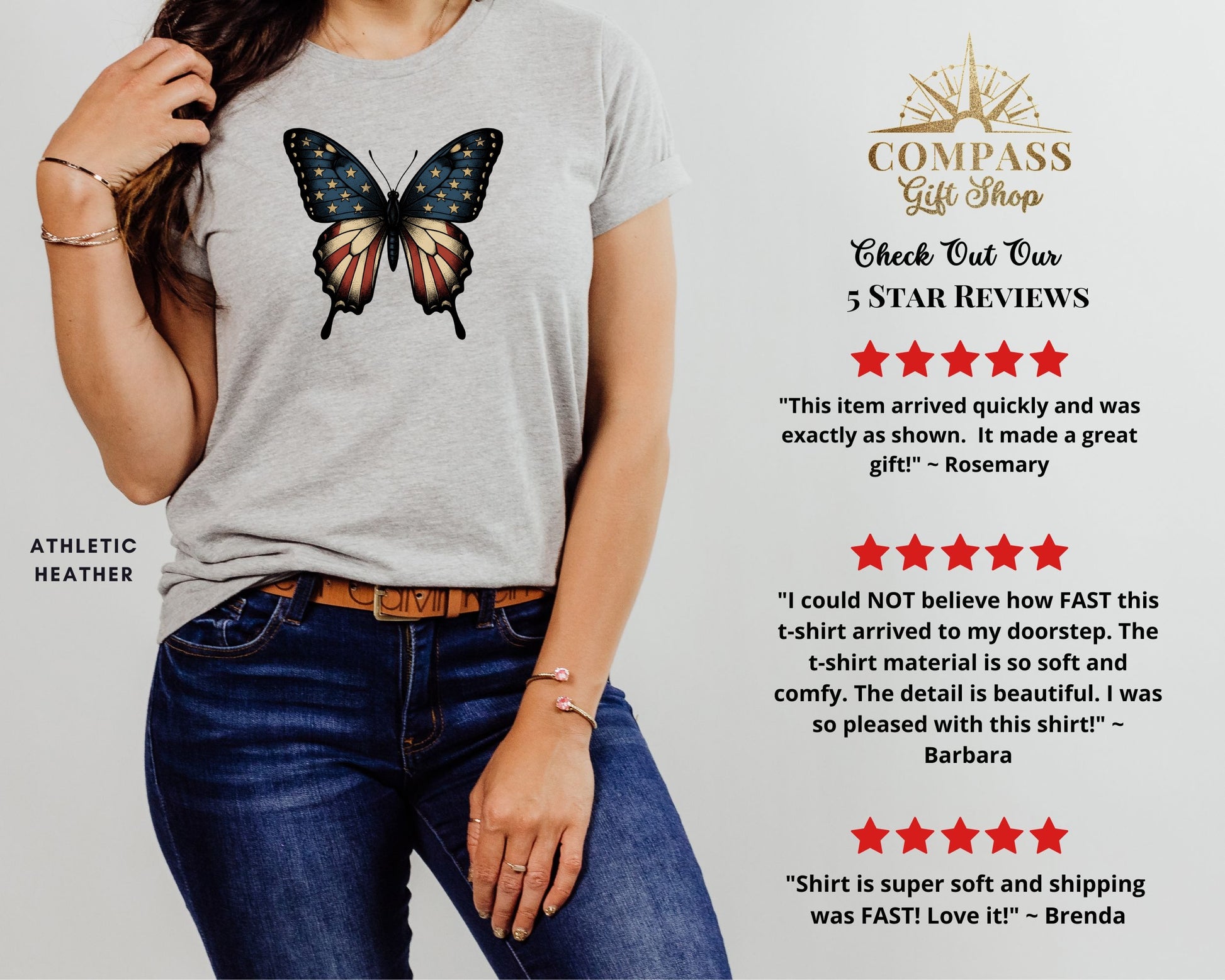 Gray t-shirt with American flag wings and stars design.