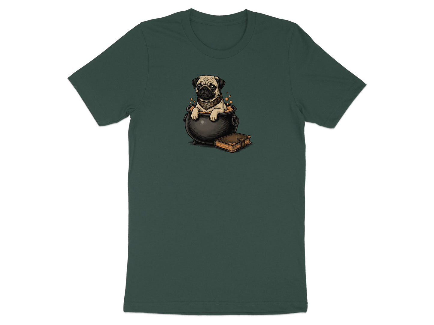 Pug in cauldron with a book on a dark green t-shirt.