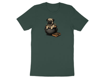 Pug in cauldron with a book on a dark green t-shirt.