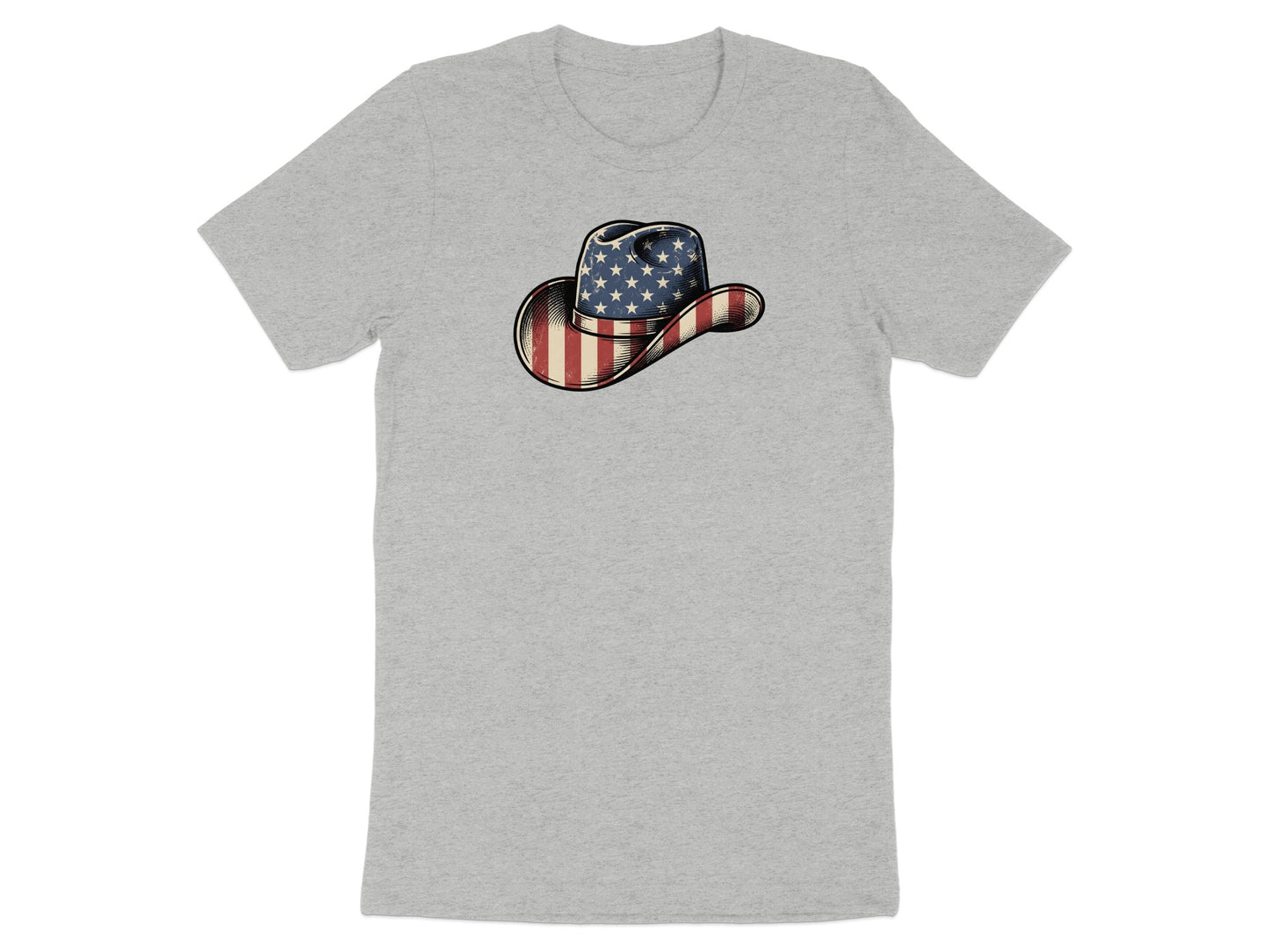 Cowboy hat with American flag pattern on a grey t-shirt.