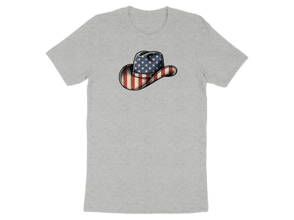 Cowboy hat with American flag pattern on a grey t-shirt.