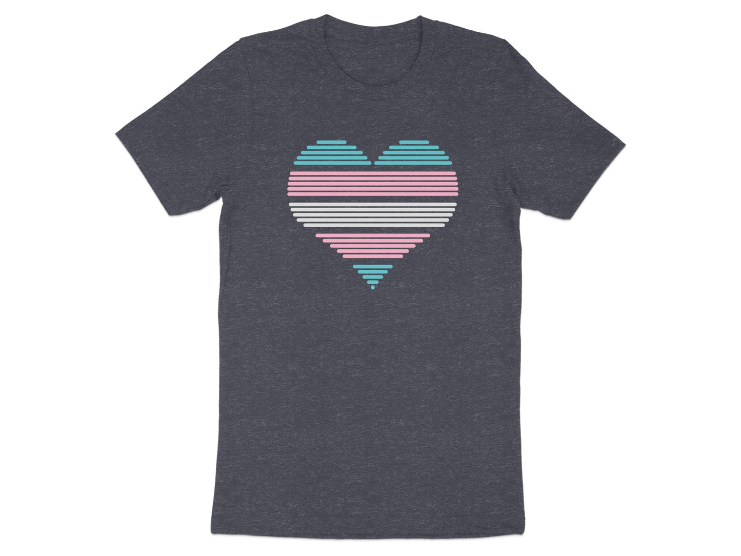 Heart graphic with transgender flag colors on a dark gray t-shirt.