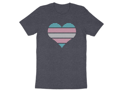 Heart graphic with transgender flag colors on a dark gray t-shirt.