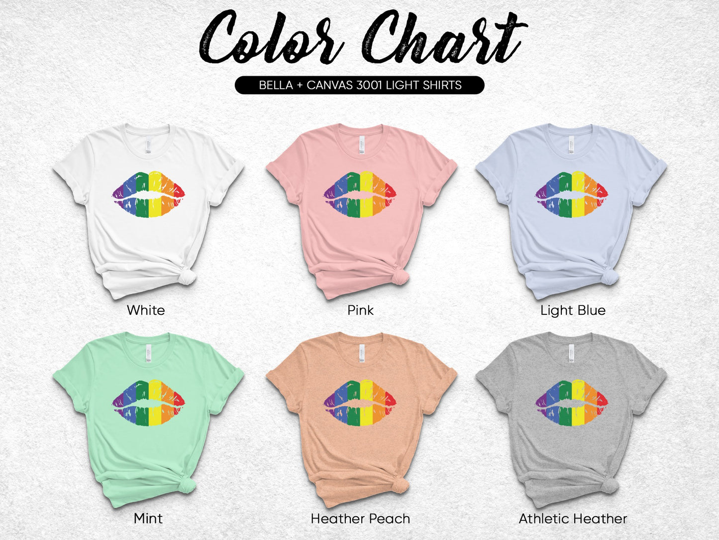 Bella + Canvas 3001 light shirts color chart with six shirt options.