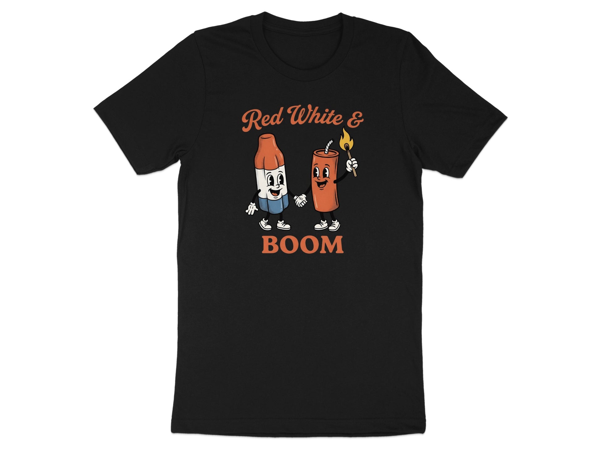 Black t-shirt with "Red White & Boom" text and cartoon characters.