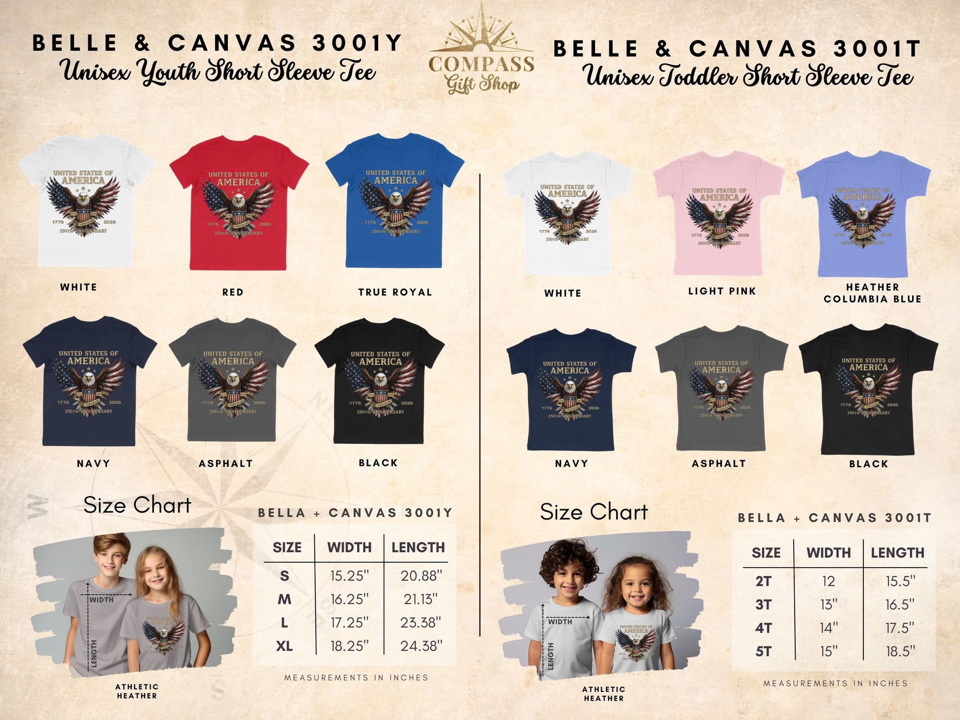 Youth and toddler t-shirts with "United States of America 250th Anniversary" design and size charts.