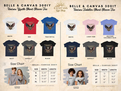 Youth and toddler t-shirts with "United States of America 250th Anniversary" design and size charts.