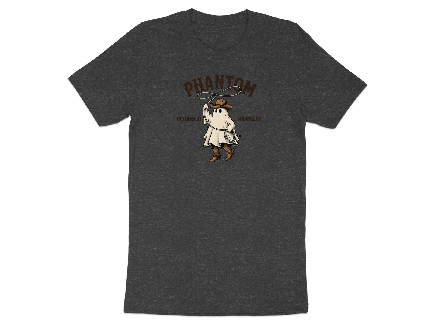 Ghost in cowboy hat swinging a lasso, with text "PHANTOM OCTOBER 31 WRANGLER".