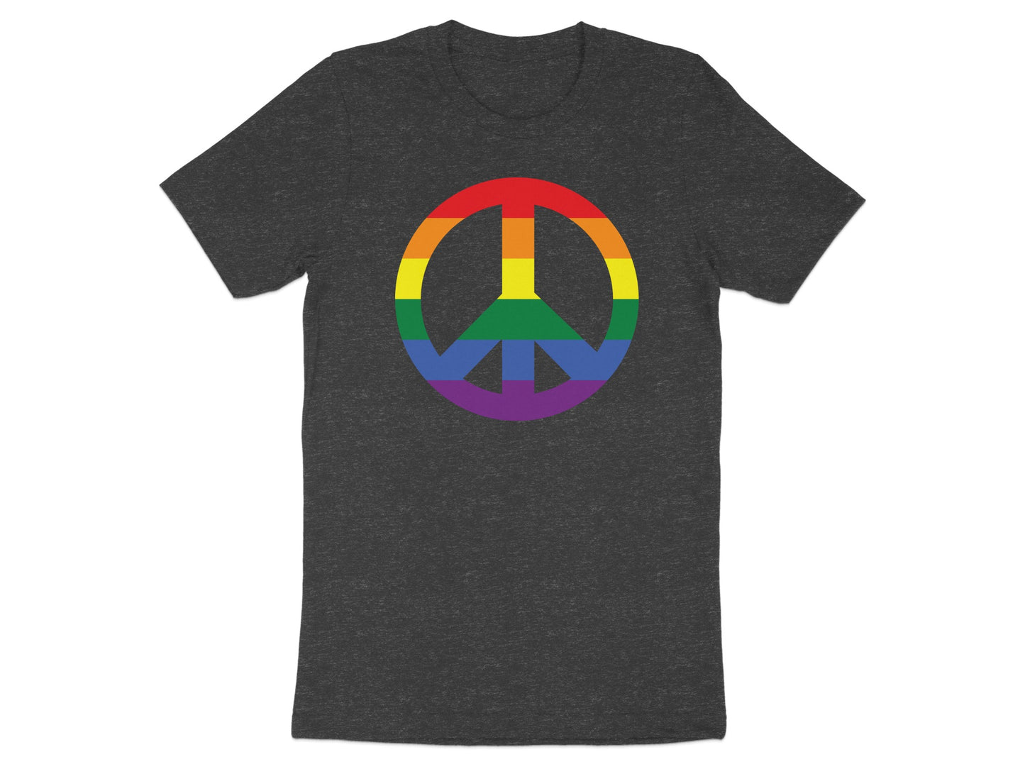 Dark grey t-shirt with a rainbow peace sign graphic.