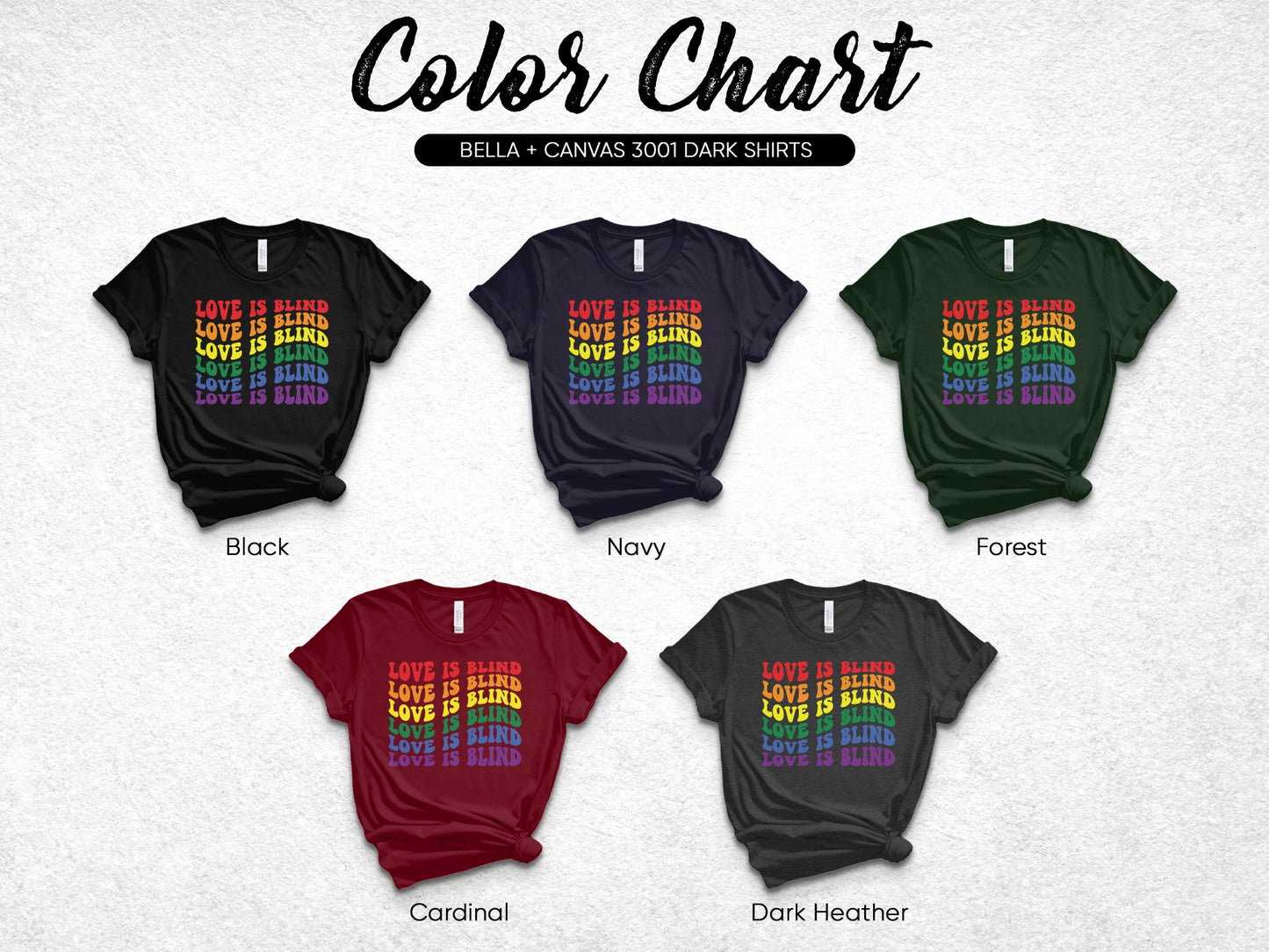 Bella + Canvas 3001 dark shirt color chart featuring five shirt options.