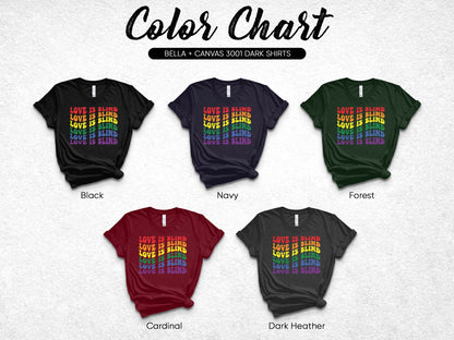 Bella + Canvas 3001 dark shirt color chart featuring five shirt options.
