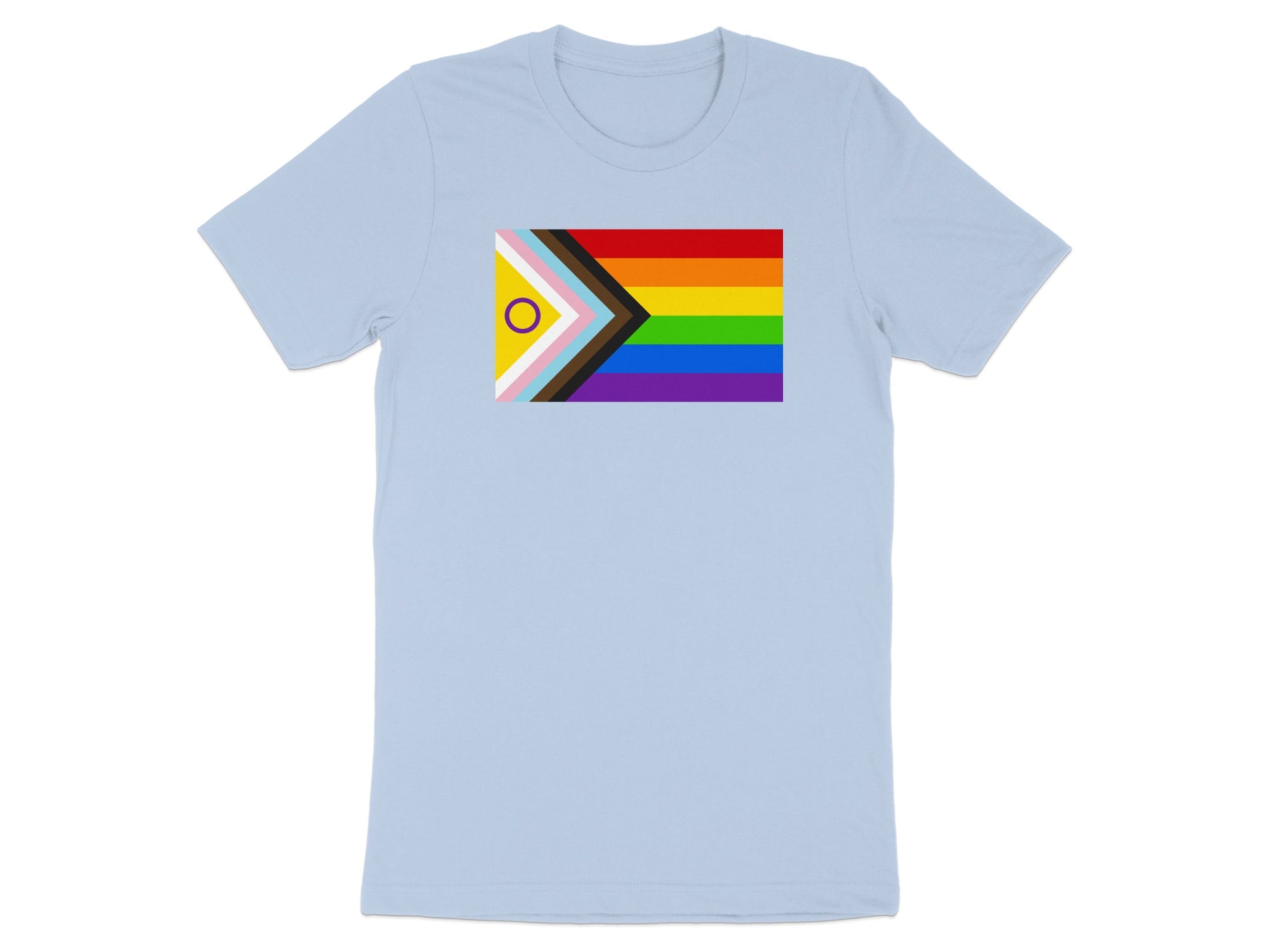 Light blue t-shirt with the Progress Pride flag and the Intersex-Inclusive Pride flag.