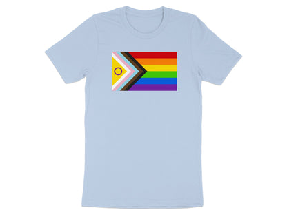 Light blue t-shirt with the Progress Pride flag and the Intersex-Inclusive Pride flag.