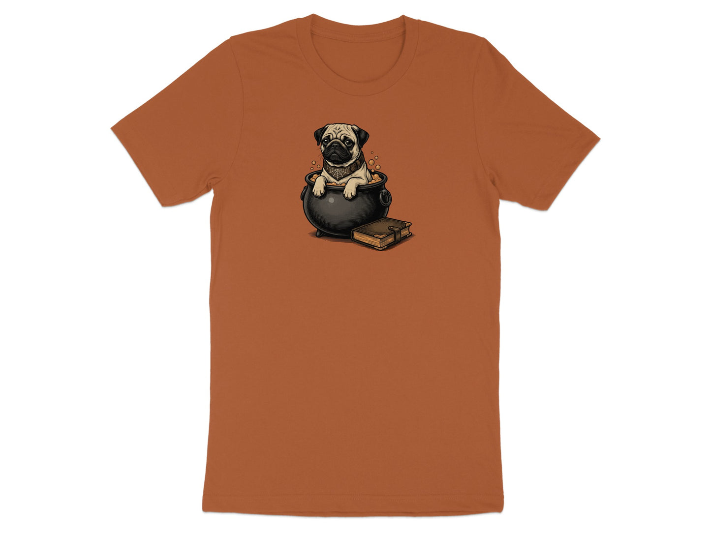 Illustration of a pug in a cauldron next to a spellbook on an orange t-shirt.