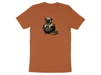 Illustration of a pug in a cauldron next to a spellbook on an orange t-shirt.
