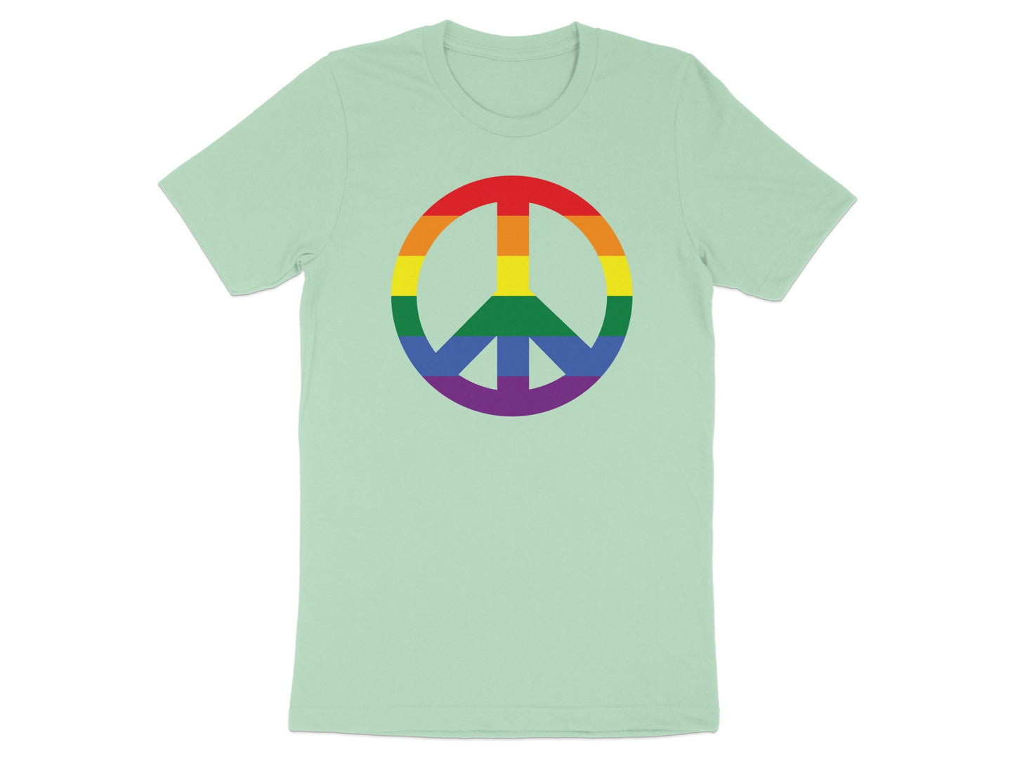 Green t-shirt with a rainbow peace sign graphic.