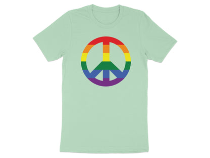 Green t-shirt with a rainbow peace sign graphic.