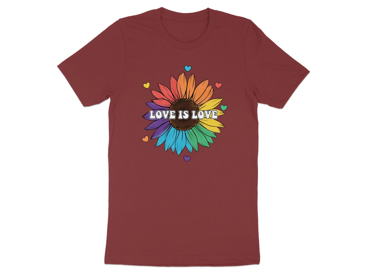 Burgundy t-shirt with a rainbow sunflower and "Love is Love" text.