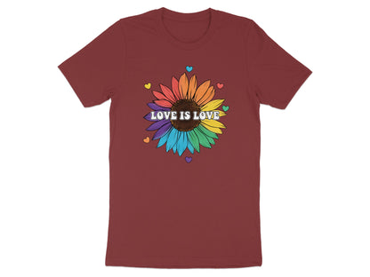 Burgundy t-shirt with a rainbow sunflower and "Love is Love" text.