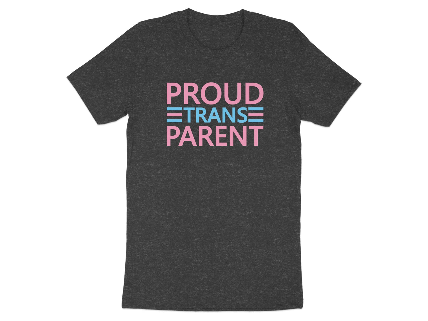 Dark t-shirt with "Proud Trans Parent" text in pink and blue stripes.