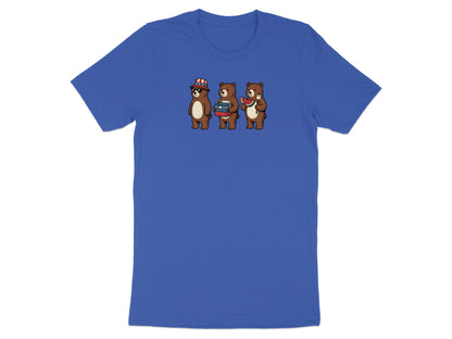 Three cartoon bears wearing patriotic hats and holding books and a watermelon.