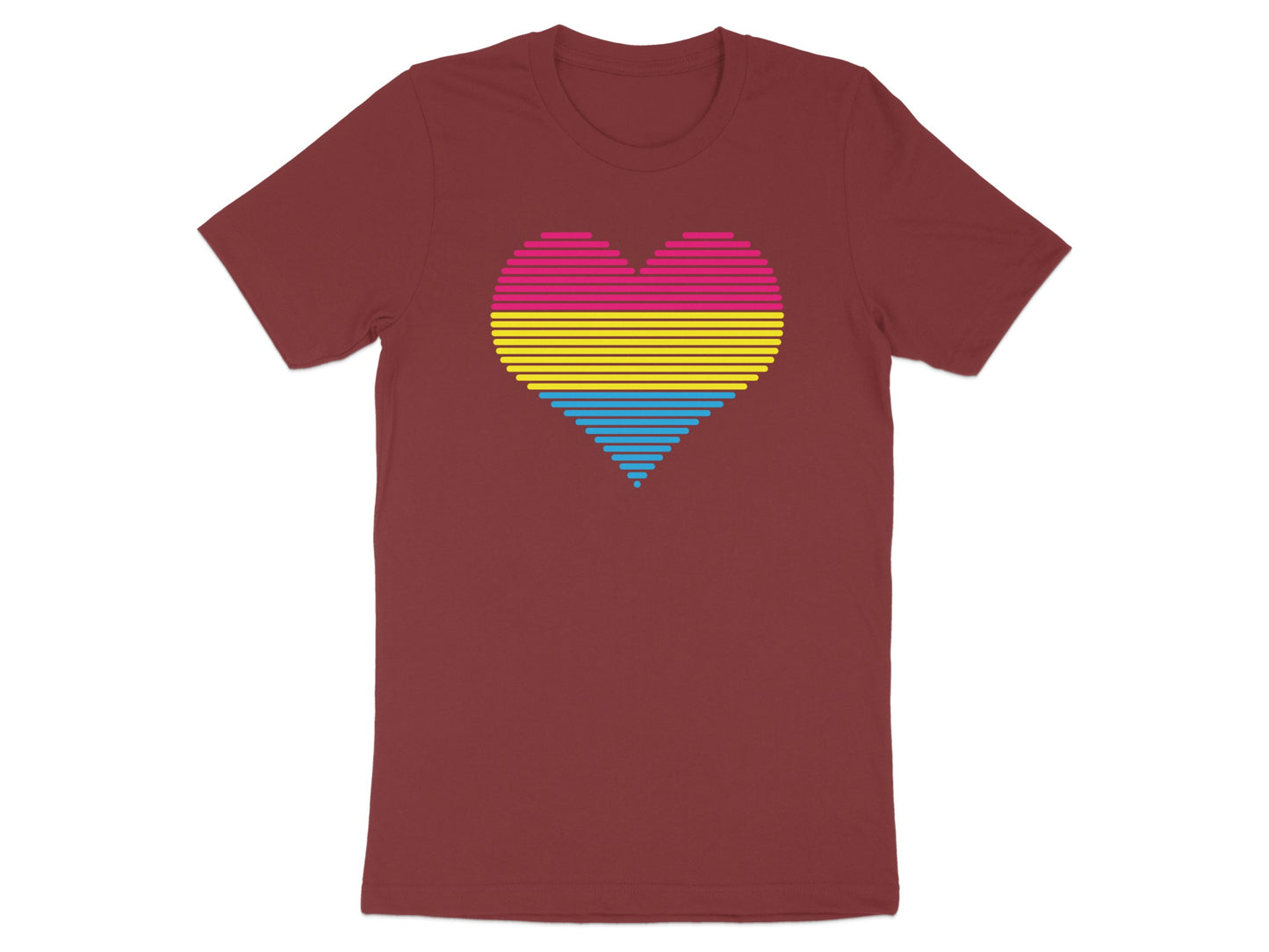 Maroon t-shirt with a pansexual pride flag heart design.