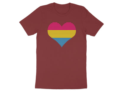 Maroon t-shirt with a pansexual pride flag heart design.