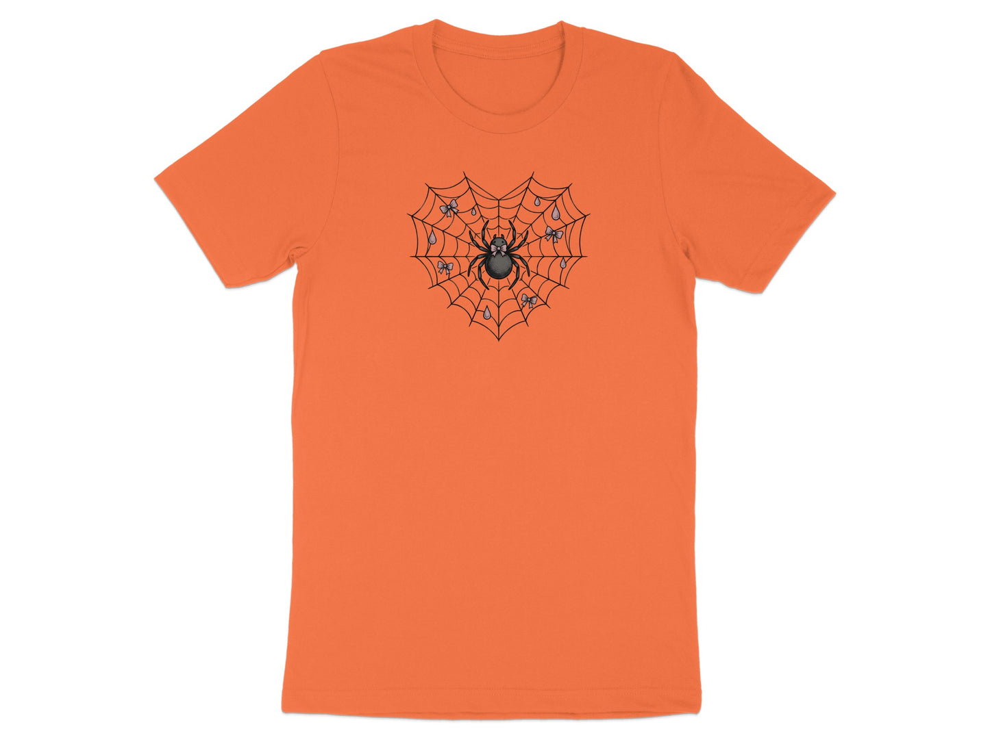 Orange t-shirt with a black spider on a heart-shaped web with bows and droplets.