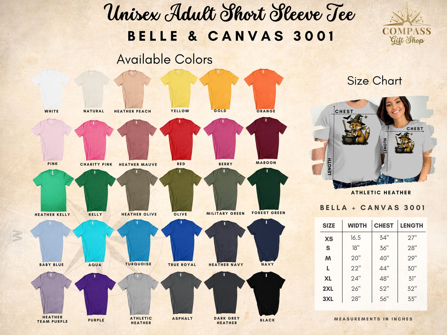 Unisex Adult Short Sleeve Tee Bella + Canvas 3001 color options and size chart.