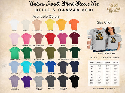 Unisex Adult Short Sleeve Tee Bella + Canvas 3001 color options and size chart.