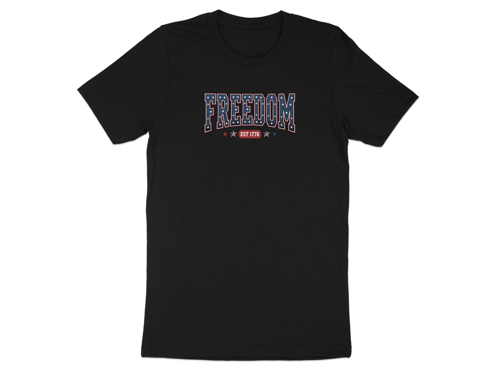 Black t-shirt with "FREEDOM EST 1776" in patriotic colors.