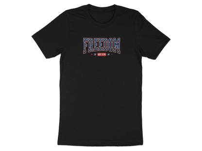 Black t-shirt with "FREEDOM EST 1776" in patriotic colors.