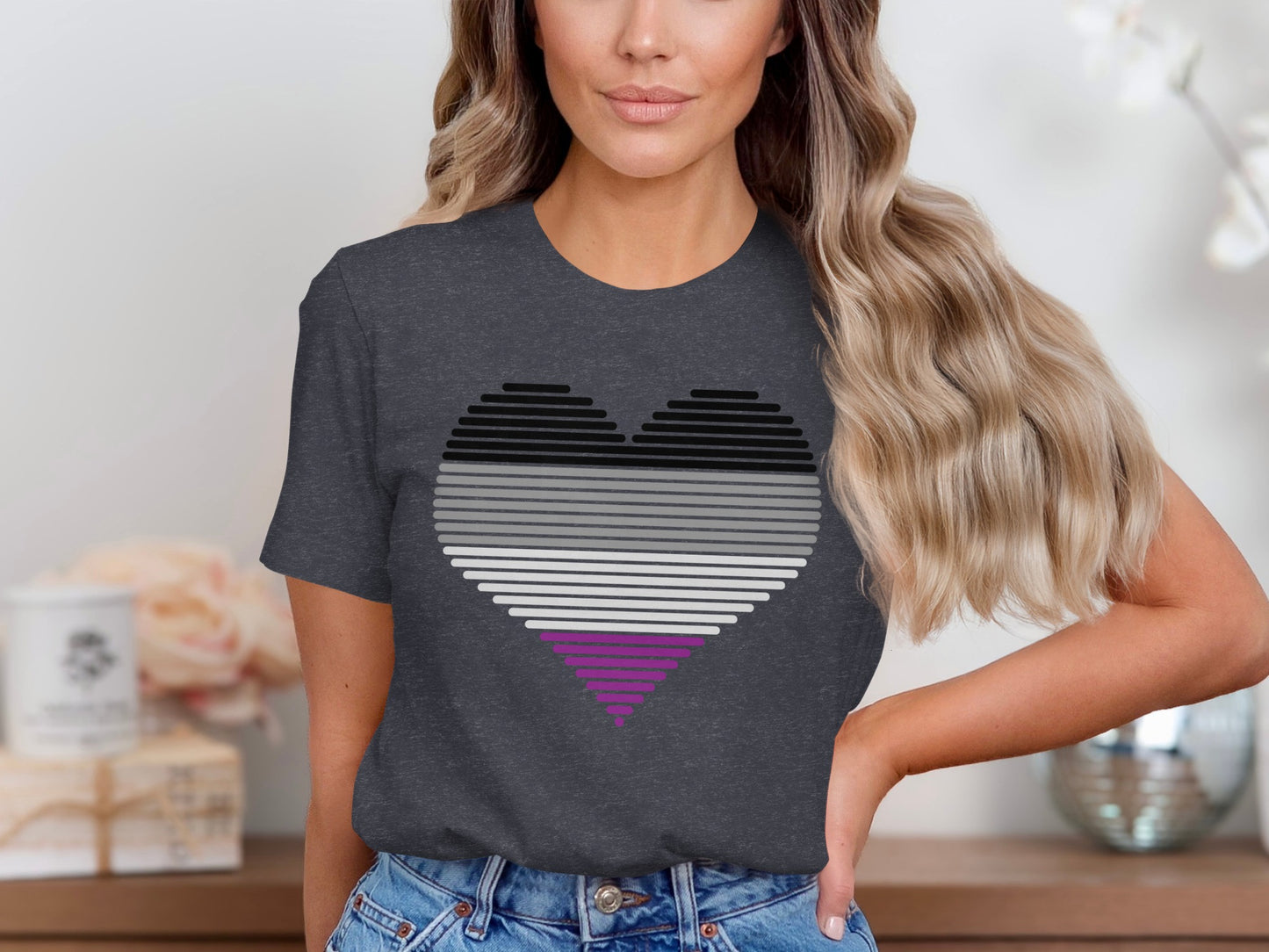 Dark grey t-shirt with a horizontal striped asexual pride heart graphic.
