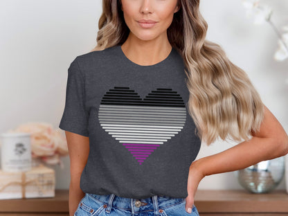 Dark grey t-shirt with a horizontal striped asexual pride heart graphic.