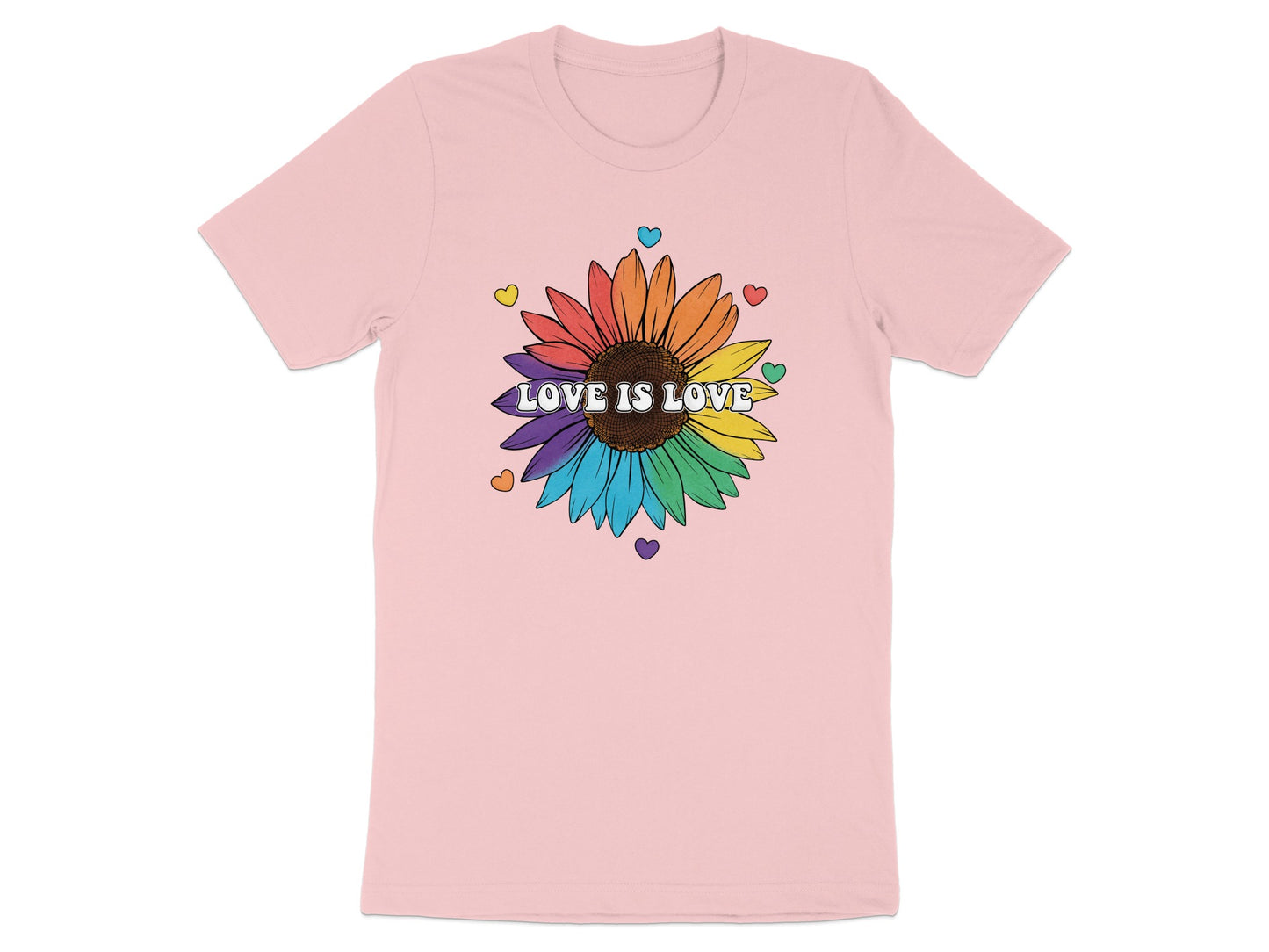 Pink t-shirt with a rainbow sunflower graphic and "Love is Love" text.