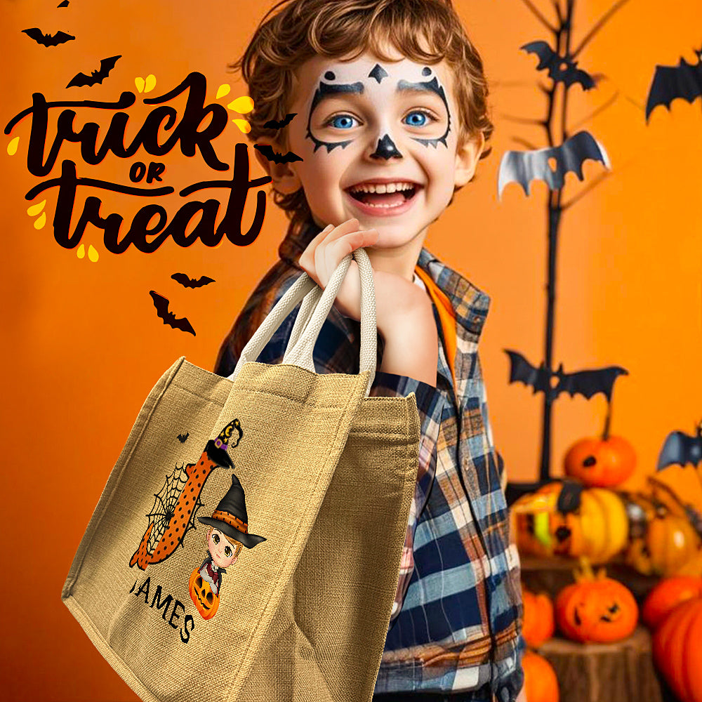 Personalized Cartoon Character Trick or Treat Candy Jute Tote Bag