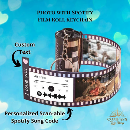 Custom Couples Heart Vintage Film Roll Memory Keychain with Text or Spotify Song Code