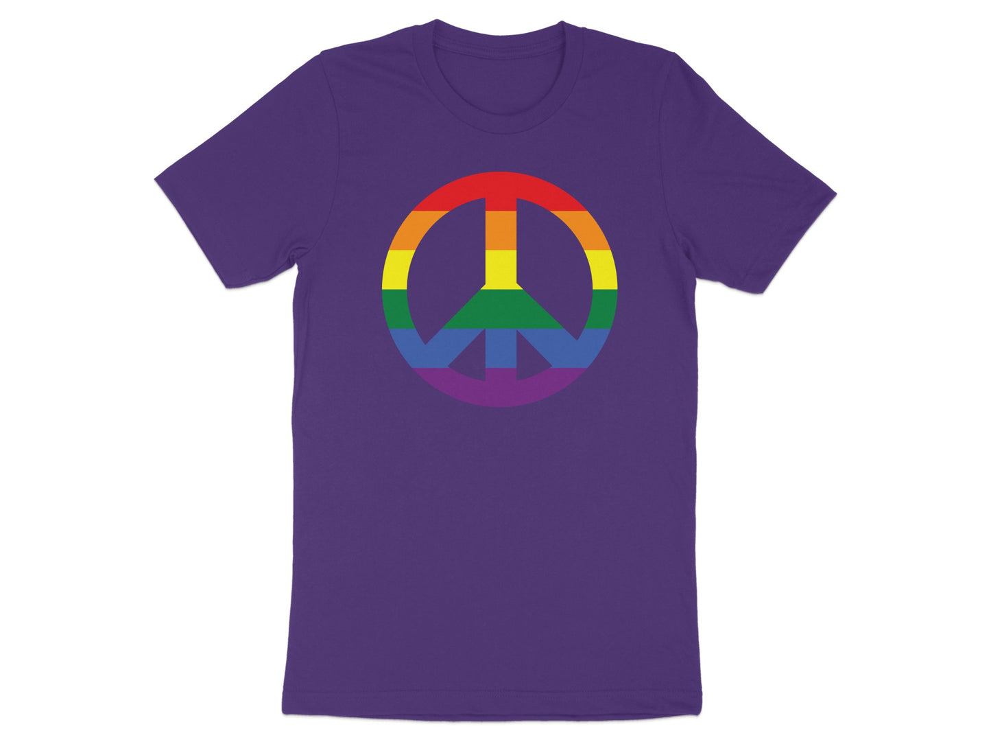 Purple t-shirt with a rainbow peace symbol.