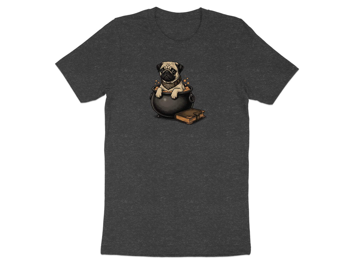 Pug in a cauldron with a spellbook