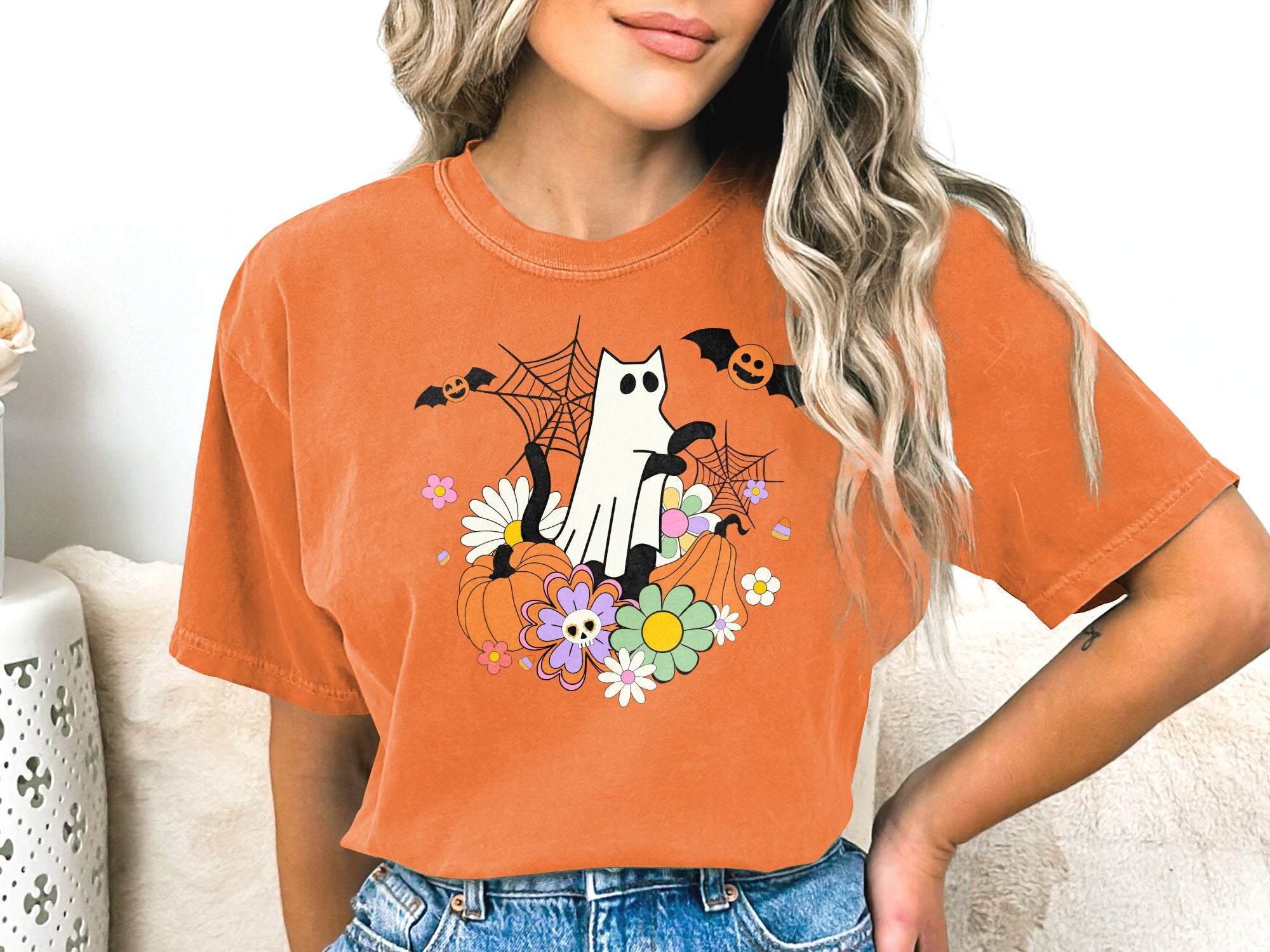 Retro Floral Cat Ghost Comfort Colors® Shirt, Color Blast Tee, Sweatshirt or Hoodie