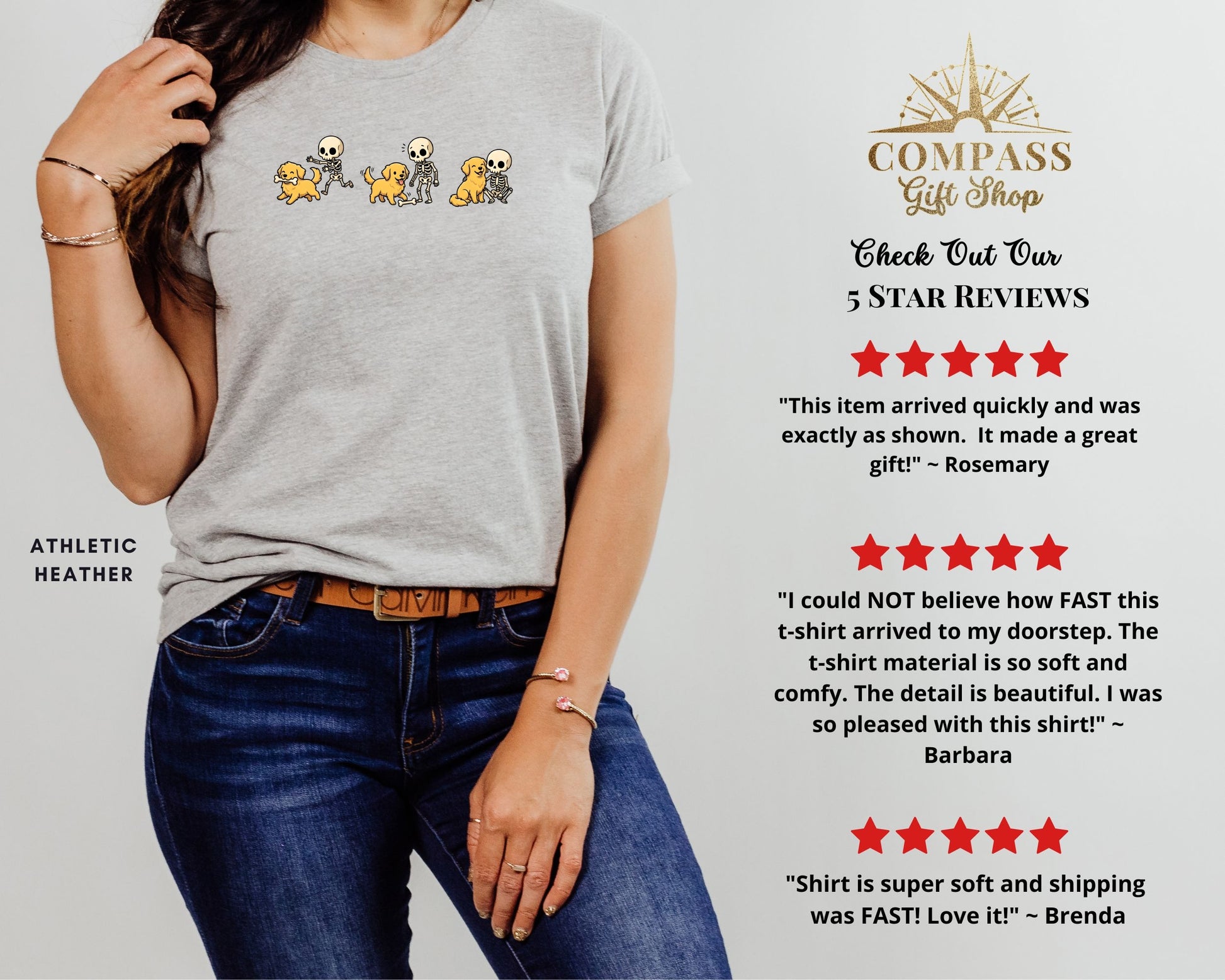 Grey t-shirt with a print of skeletons and dogs, labeled Athletic Heather.