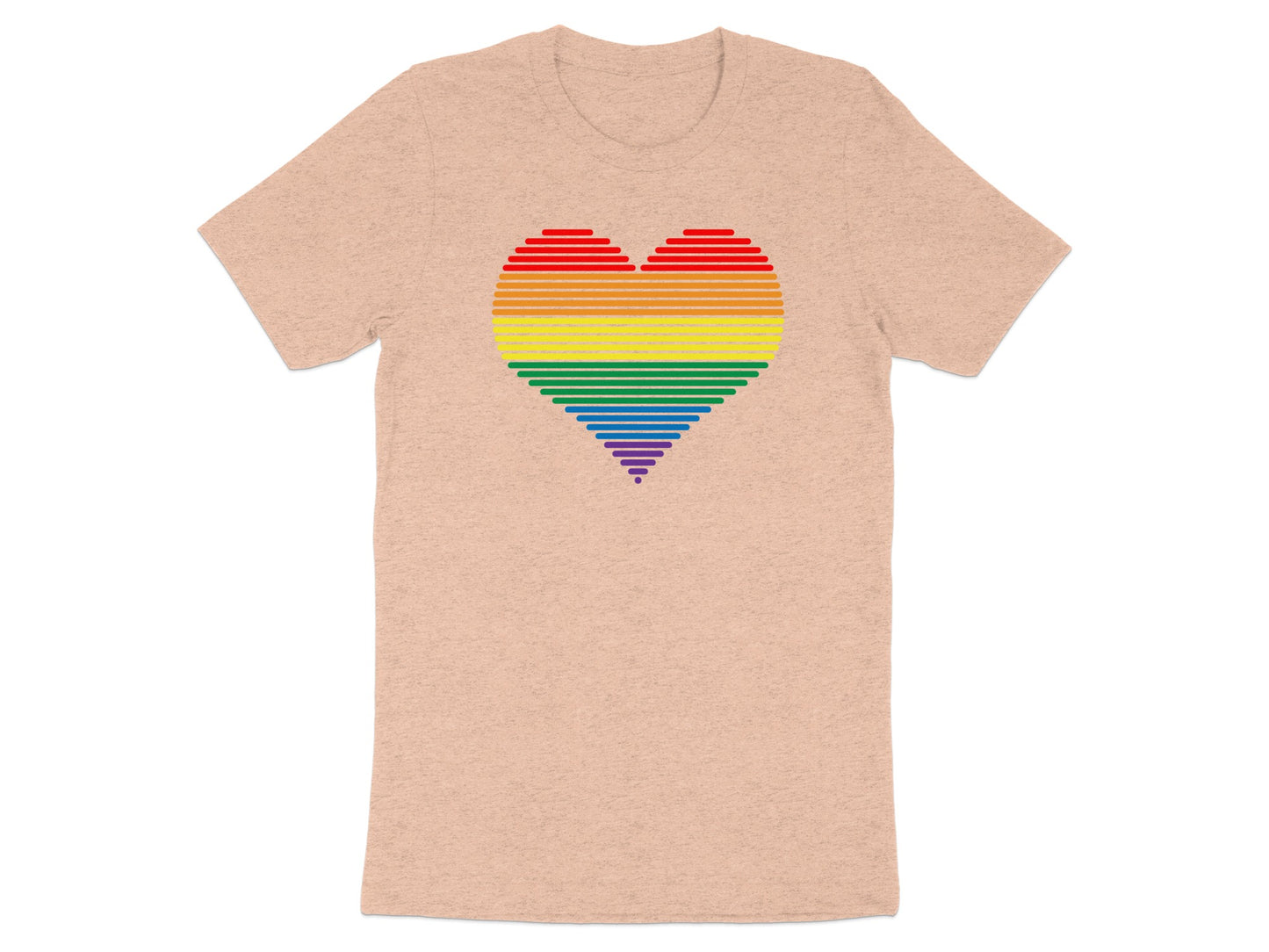 Peach t-shirt with a rainbow striped heart graphic.